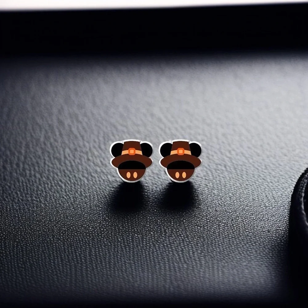 Thanksgiving Pilgrim Hat Mouse Ears Stud Earrings NWT Festive Fall Jewelry